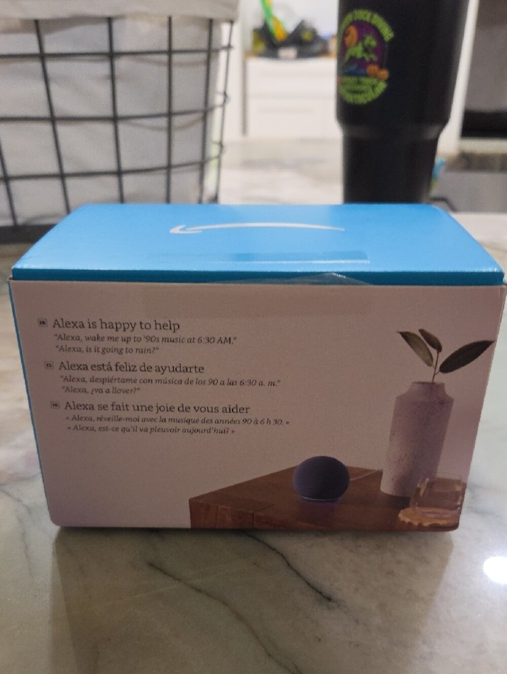 Amazon Echo Dot Smart Speaker in Bright Blue Packaging with Dark Navy Device - Picture 4 of 4